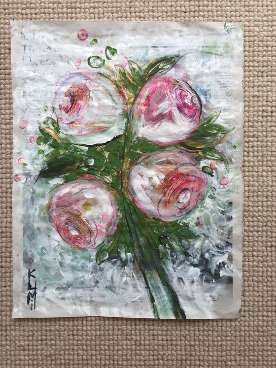 Pink Roses I Acrylic on Newspaper Nature Art Flower Painting of Colour Floral Art Still Life 37x29cm Gift Ideas Original Art Modern Art Contemporary Painting Abstract Art For Sale Buy Original Art Free Shipping