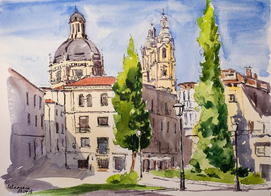 Salamanca. Street sketch. Small original watercolor painting on of a kind home interior decor gift spain urban city landscape architecture