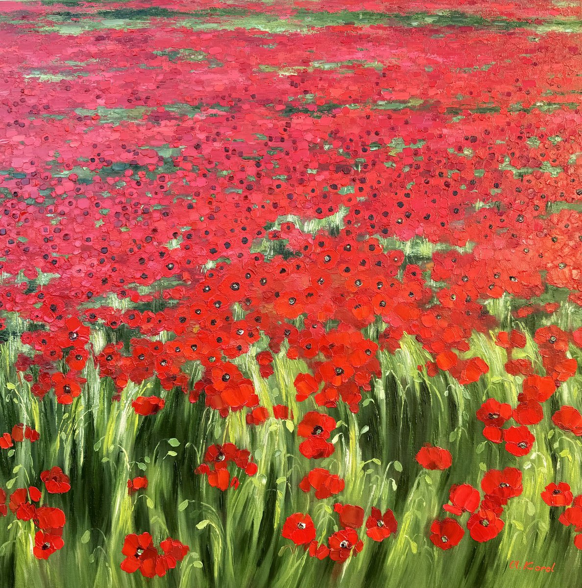 Impressionistic Botanical Oil Painting By Ulyana Korol, 31 X 31", Red Dreams, Original Artwork