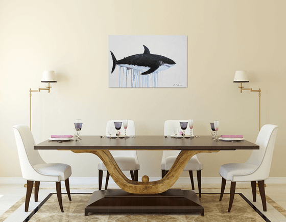 Large Abstract The Great White Shark. Acrylic painting on canvas. Ocean animals, black, white. Painting 61x91cm.