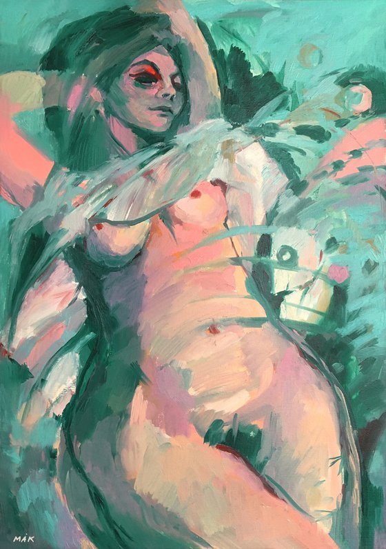 NAKED IN EMERALD - erotic semi-abstract wall art with a naked woman in pink and sky-blue colors