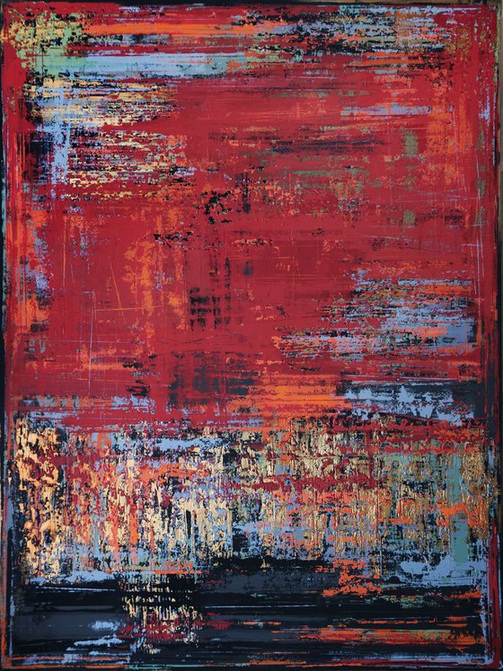 VINTAGE RED - 160 x 120 CM - TEXTURED ACRYLIC PAINTING ON CANVAS * RED * GOLD