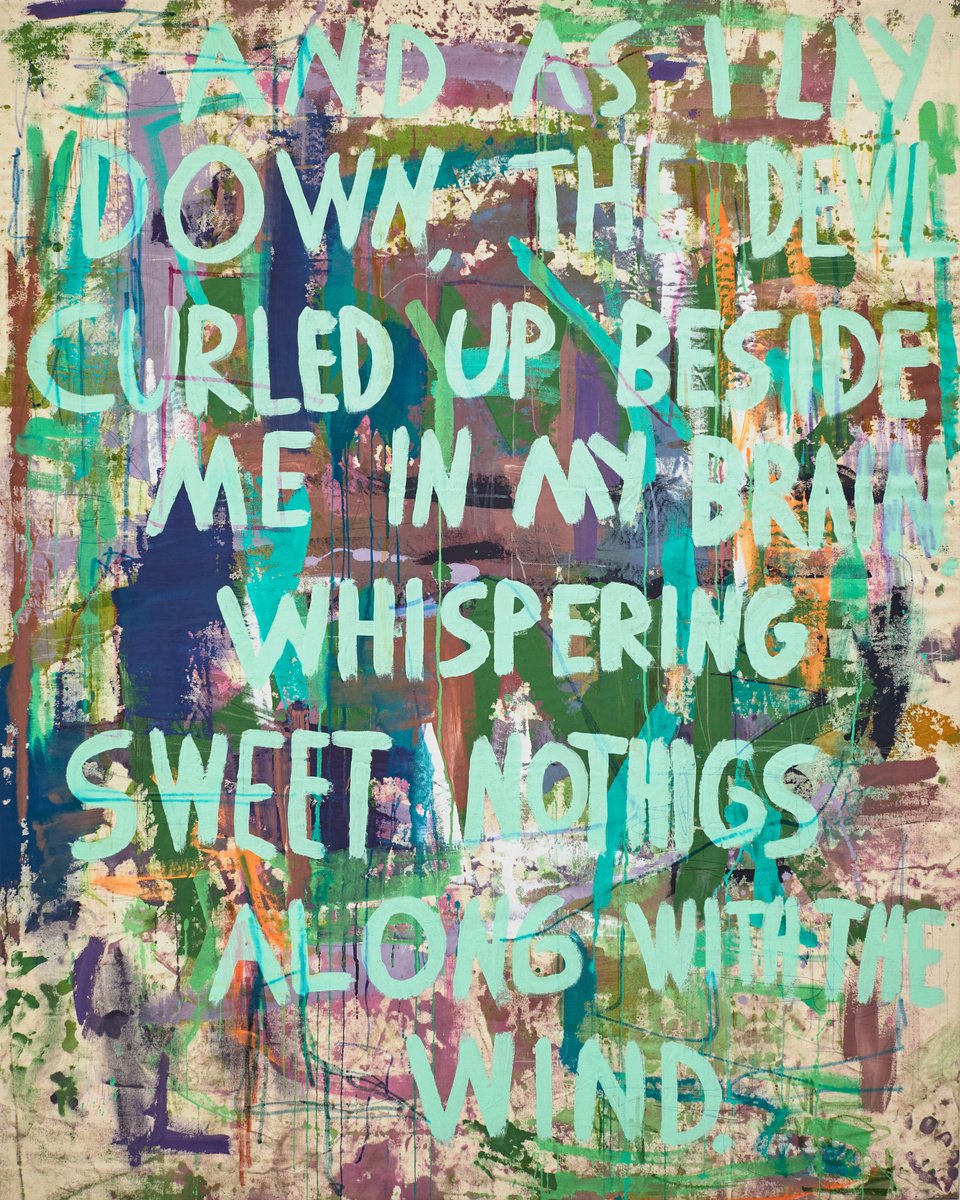 Typographic Abstract Acrylic Painting By Simon Findlay, 47 X 59", The Devil Curled Up Beside Me, Original Artwork