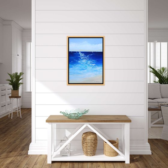 Sailing Boats Seascape Painting. Beach, Ocean, Sea Waves, Sky with Clouds. Coastal Decor Art.