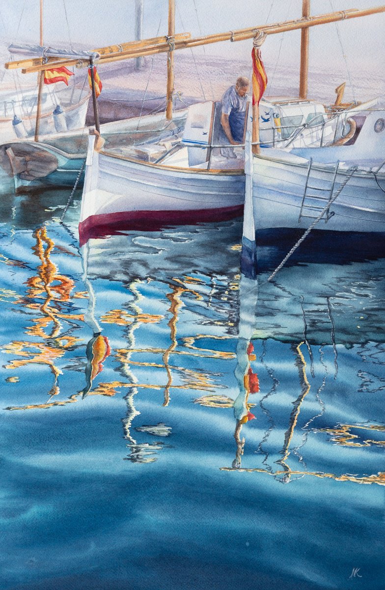 Impressionistic Landscape Watercolour By Kateryna Nazarenko, 15 X 22", Morning In The Port, Original Artwork