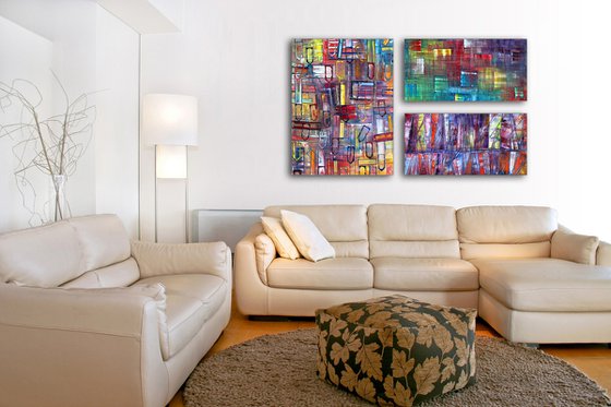 "It Will All Make Sense" - Original Xt Large PMS Abstract Triptych Oil Paintings On Canvas - 66" x 40"