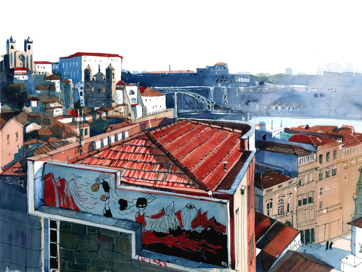 Impressionistic Cityscapes Watercolour By Anastasia Mamoshina, 16 X 12, Roofs Of Porto, Portugal, Original Artwork