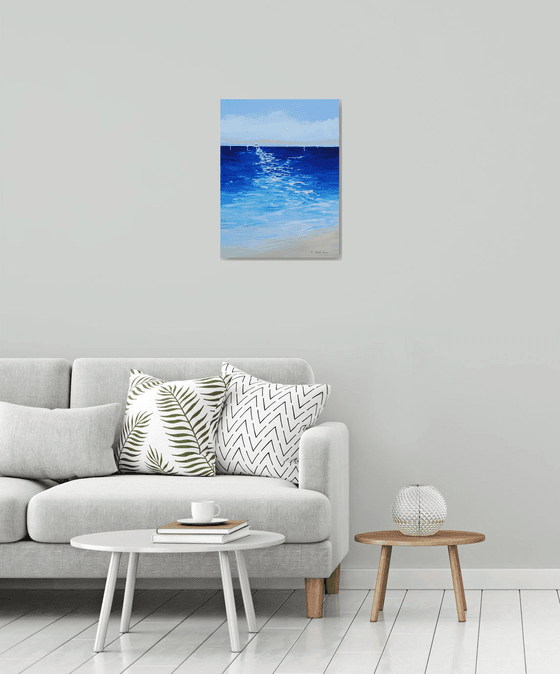 Sailing Boats Seascape Painting. Beach, Ocean, Sea Waves, Sky with Clouds. Coastal Decor Art.