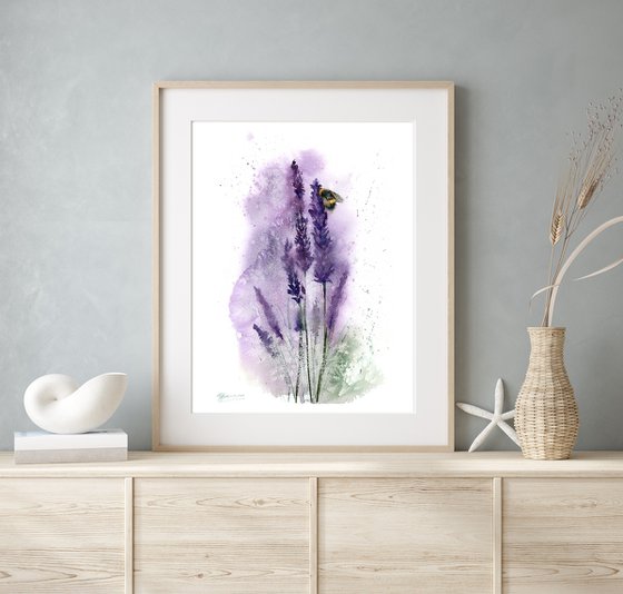 Lavender with bee  (2 of 2) - Original Watercolor Painting