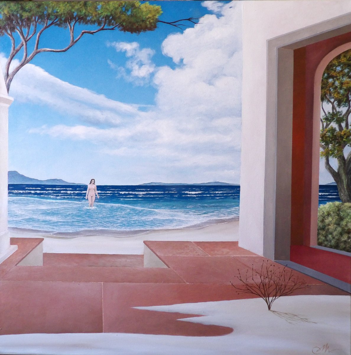 Surrealistic Landscape Oil Painting By Cecco Mariniello, 39 X 39, Woman From The Sea, Original Artwork