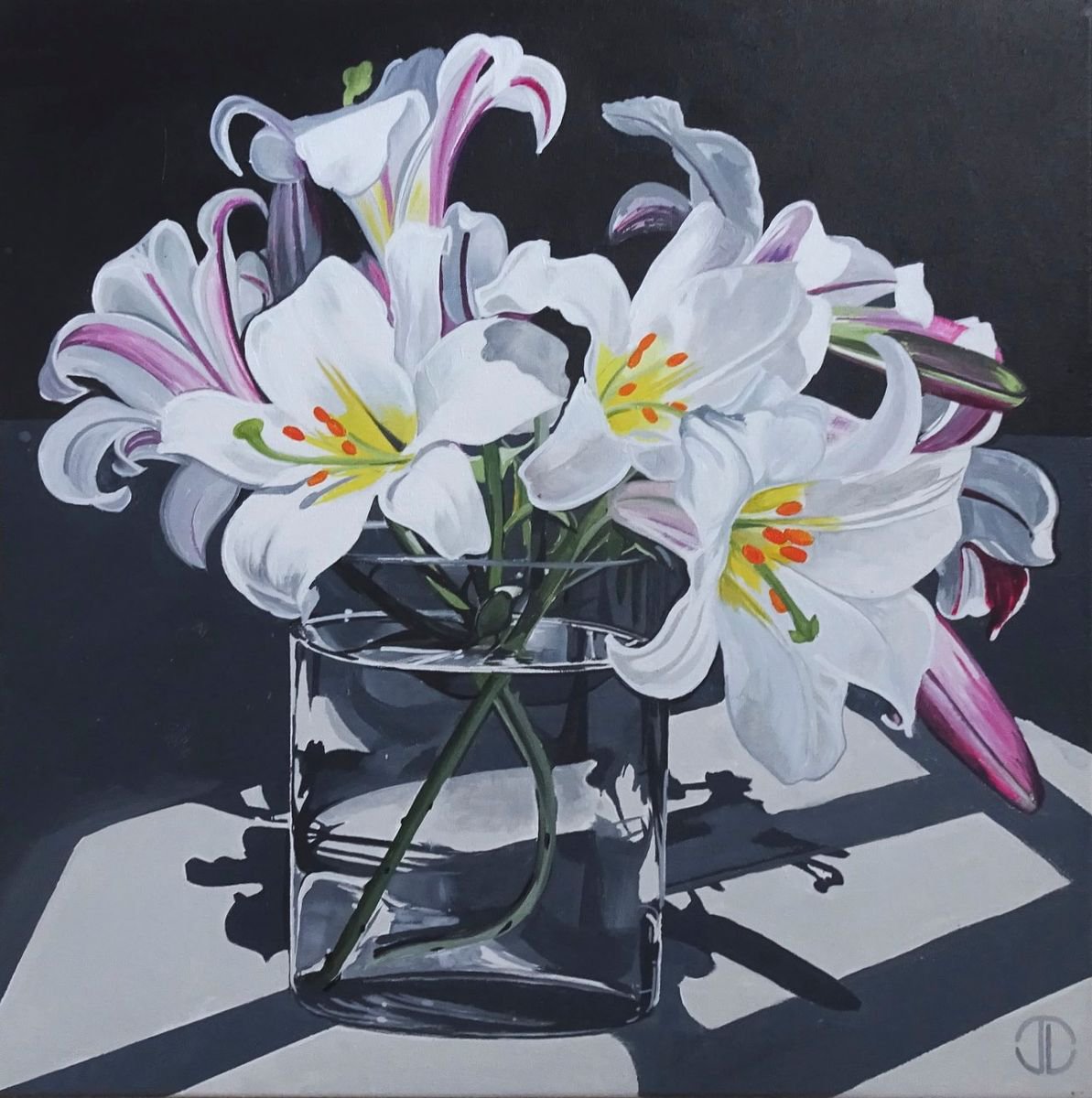 Photorealistic Still Life Acrylic Painting By Joseph Lynch, 20 X 20, Vase Of Regale Lilies, Original Artwork