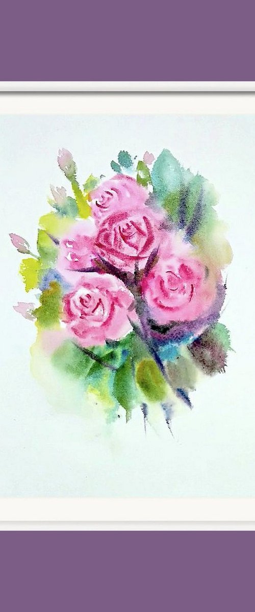 Five pink watercolor Roses by Asha Shenoy