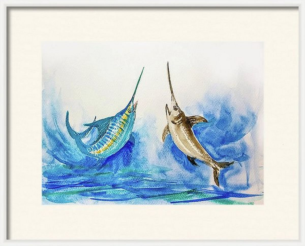 Impressionistic Animal Watercolour By Asha Shenoy, 12 X 9, Billfish Swordfish Marlin Fish, Original Artwork