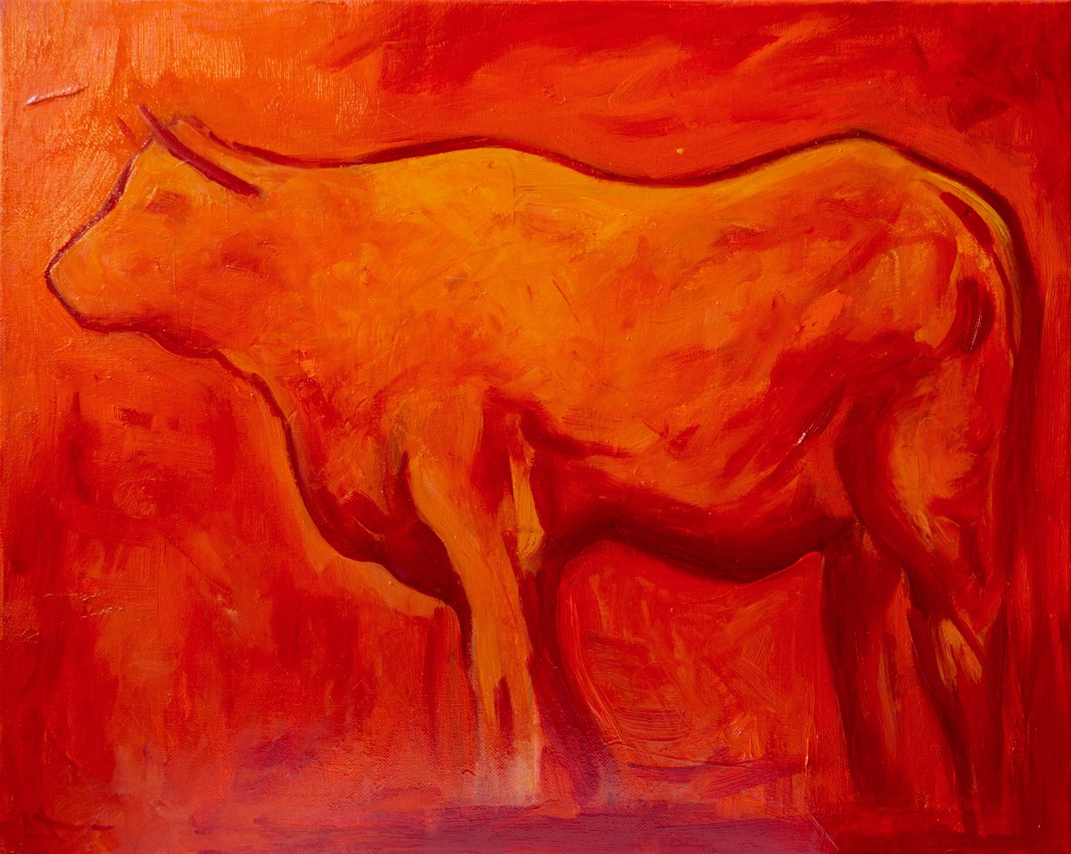 Expressive Animal Oil Painting By Lionel Le Jeune, 20 X 16", Vache Rouge, Original Artwork