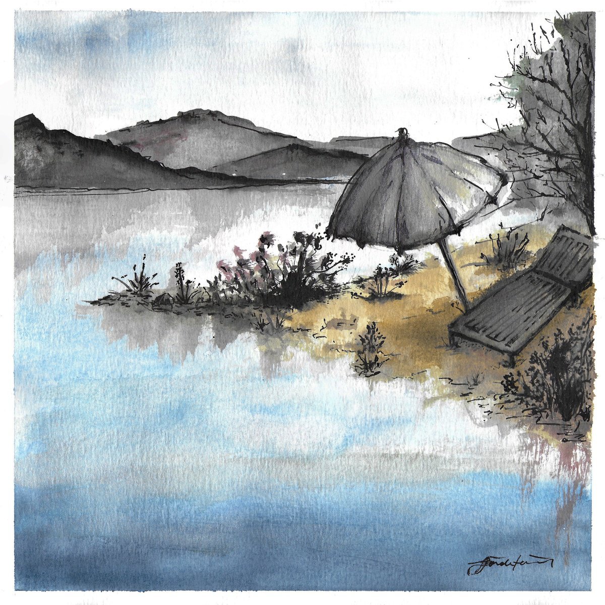 Expressive Landscape Watercolour By Gozde Temiz Istanbul, 12 X 12, Aegean Seaside, Original Artwork