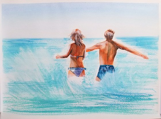 Summer, Sea and Love. Original Watercolor Painting on Cold Press Paper 300 g/m or 140 lb/m. Cityscape Painting. Wall Art. 11" x 15". 27.9 x 38.1 cm. Unframed and unmatted.