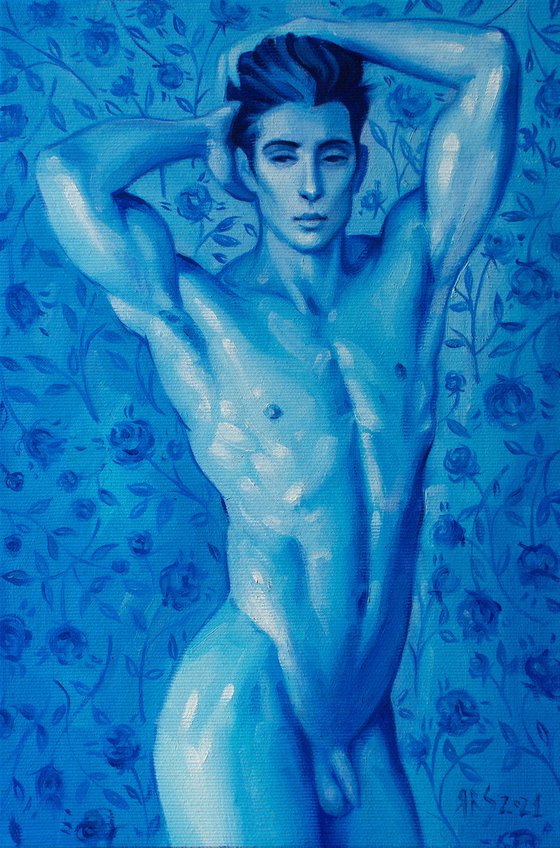 BLUE FLOWERS by Yaroslav Sobol (Modern Abstract Figurative Oil painting of a Man Nude Male Model Gift Male Nude Home Decor)