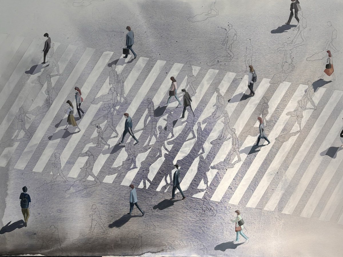 Urban And Pop Cityscapes Acrylic Painting By Martta Garcia, 51 X 38", Why All In The Same Direction?, Original Artwork