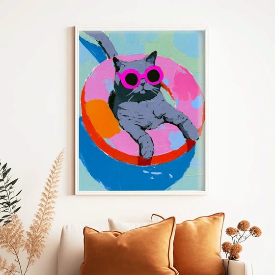 Grey Cat In The Swimming Pool