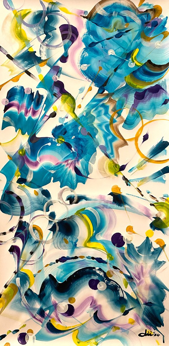 Organic Abstract Acrylic Painting By Daichi Matsusaki, 20 X 39, Color Dance 2-7-24, Original Artwork