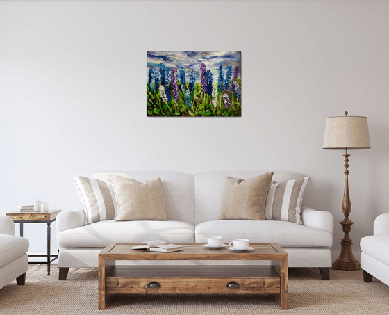 Delphiniums  in Regents Park in London, English garden,  meadow in summer flowers palette  knife modern  flowers office home decor gift