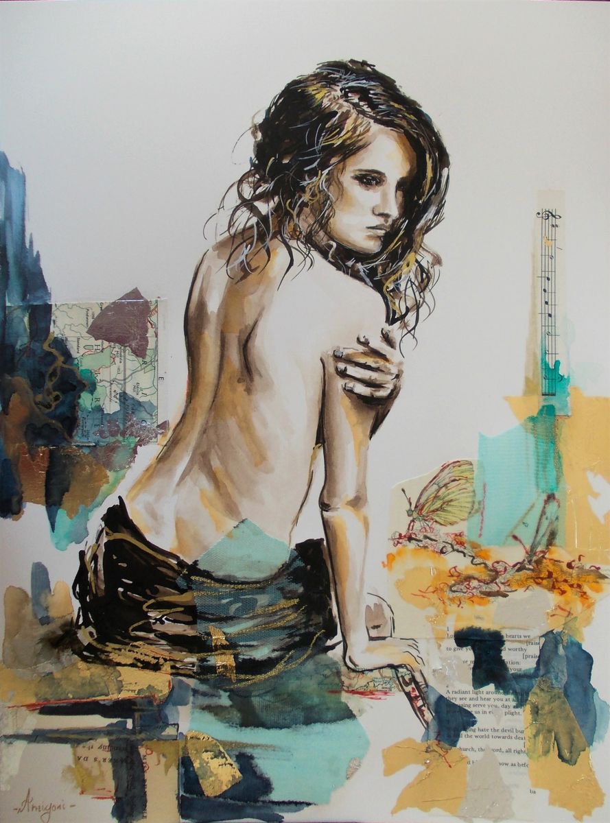 Out Of My Dream II - Woman Watercolor Mixed Media Painting by Antigoni Tziora