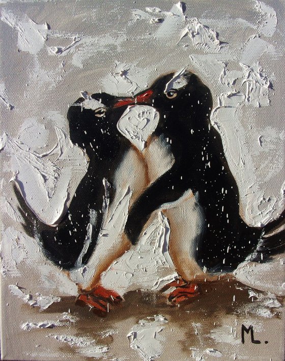 " SHE SAID YES ! " original painting  palette knife COUPLE CITY GIFT PENGUINS VALENTINES DAY