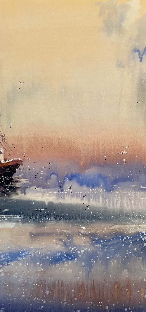 Sold Watercolor "Old boat VI” gift For Him by Iulia Carchelan