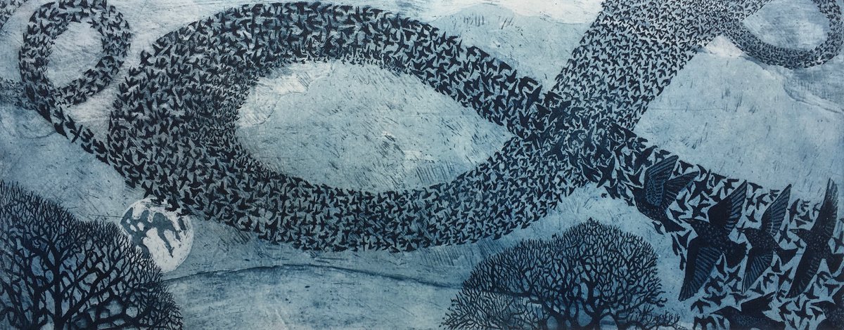 Animal Etchings & Engravings By Janis Goodman, 24 X 9, Murmuration Iii, Original Artwork