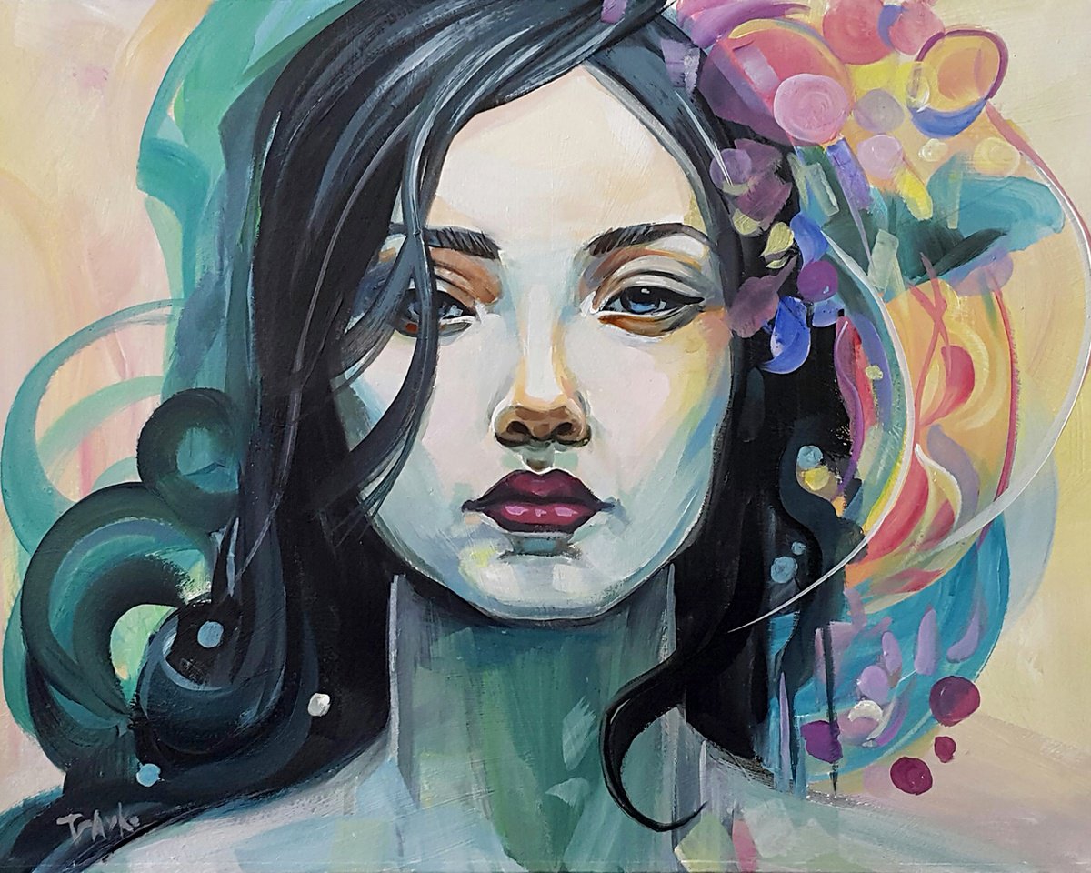 Abstract Portrait Acrylic Painting By Trayko Popov, 16 X 12", Lonely, Original Artwork