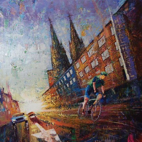 'CYCLING IN COLOGNE' - Cityscape Large Acrylics Painting on Canvas by Ion Sheremet