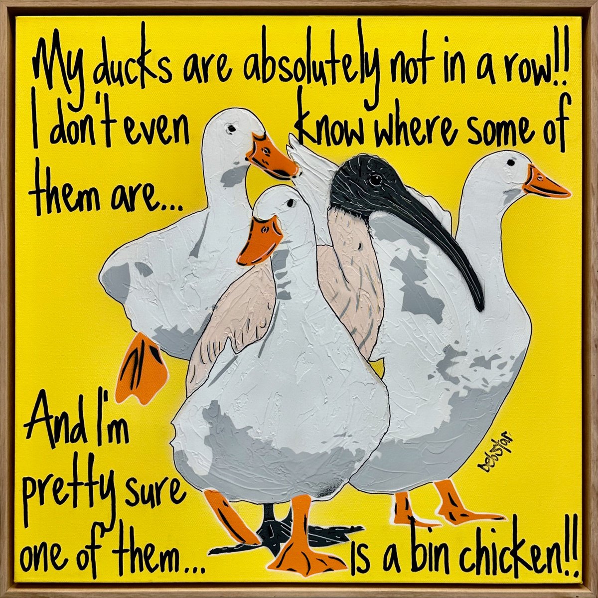 Urban And Pop Acrylic Painting , Ducks In A Row Yellow Bin Chicken Framed By Deborah Lang, 25 X 25, Artwork For Sale On Artfinder