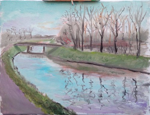The warm winter. One of the Netherlands canals. Plein Air by Dmitry Fedorov