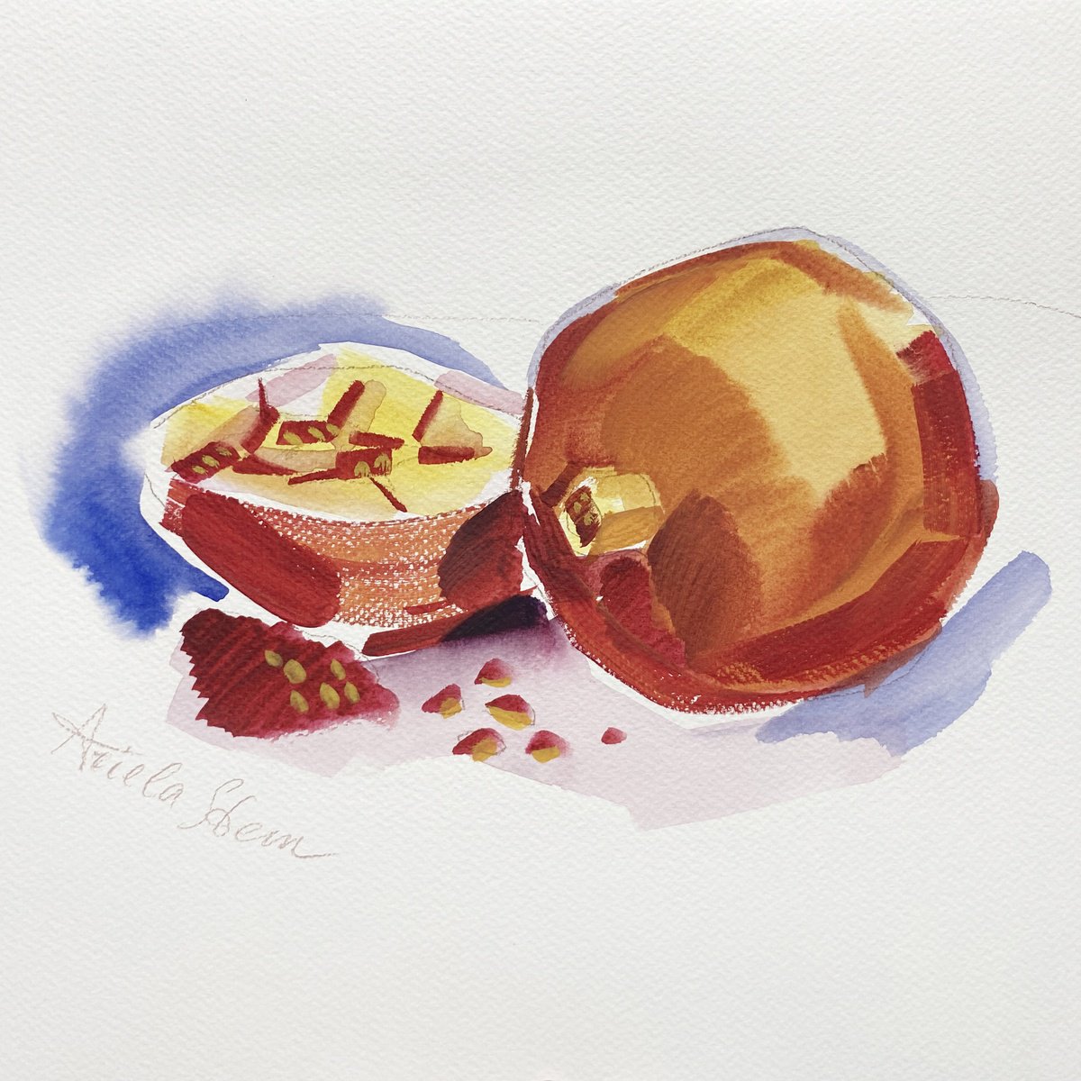 Impressionistic Watercolour , Ripe Pomegranates (Alla Prima) By Ariela Stem, 17 X 12, Artwork For Sale On Artfinder