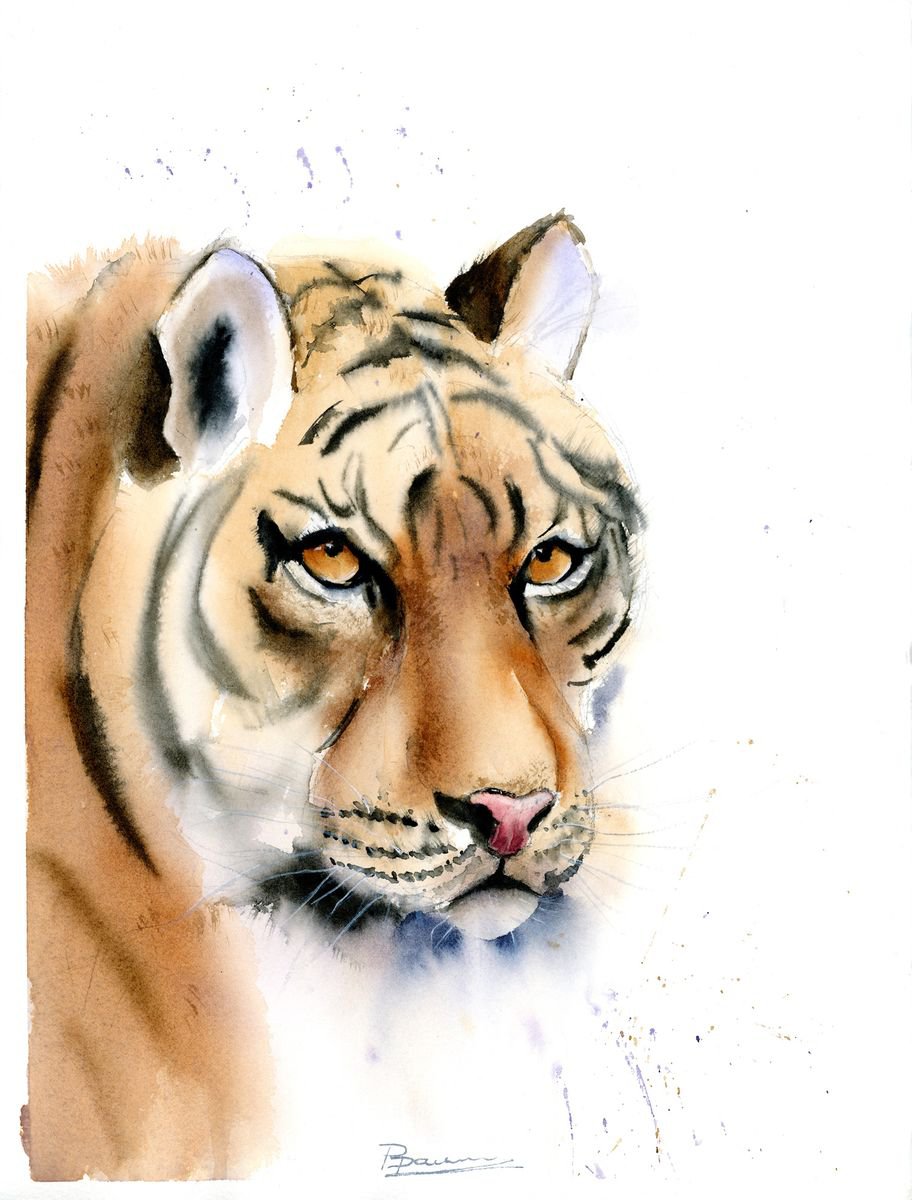 Impressionistic Animal Watercolour By Olga Tchefranov (Shefranov), 12 X 15", Tiger #4, Original Artwork