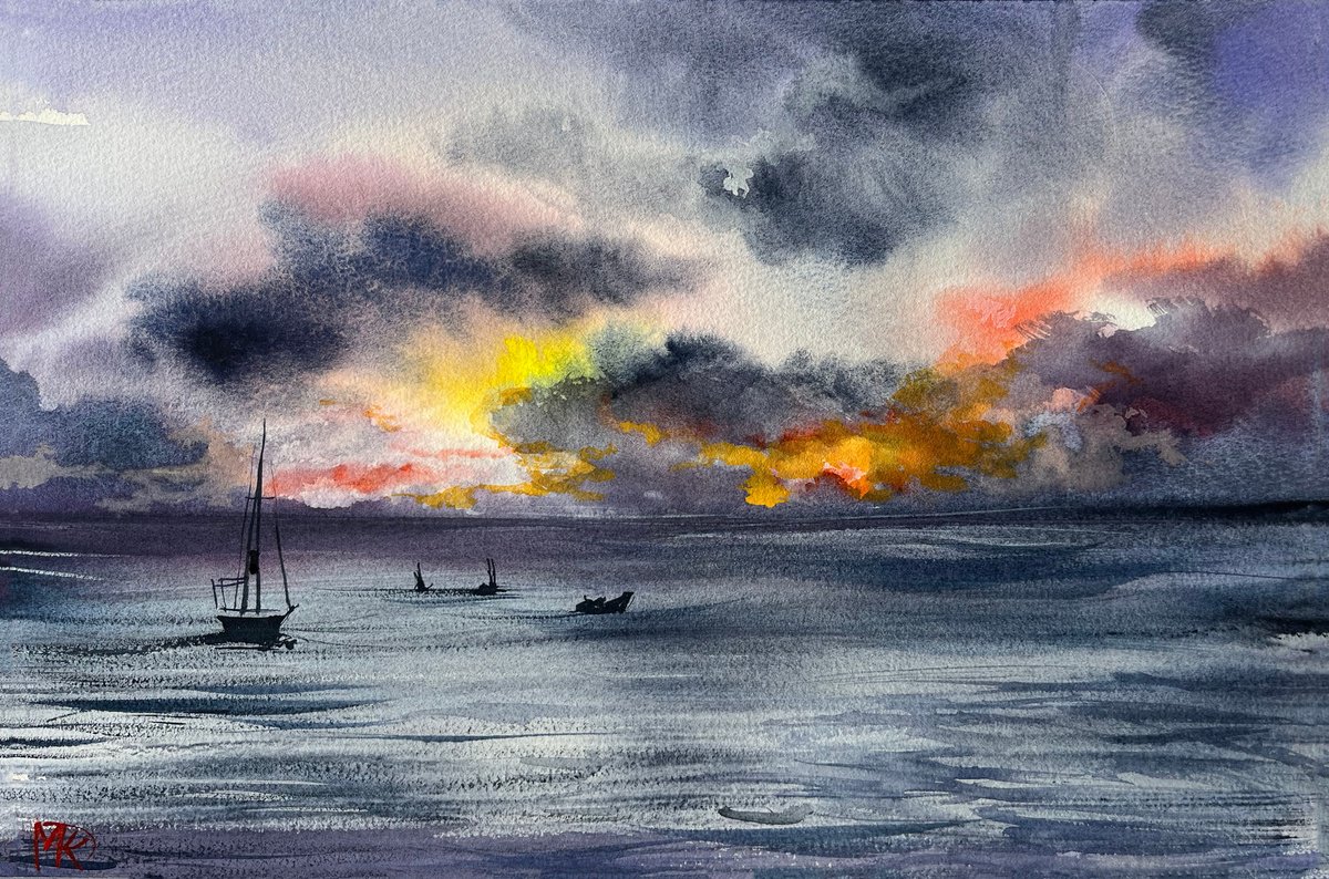 Impressionistic Landscape Watercolour By Maria Kireev, 21 X 15", Evening Clouds, Original Artwork