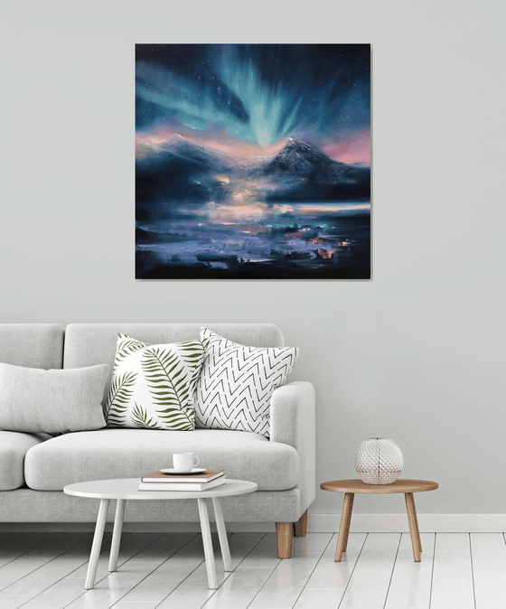 "Northern Lights.Aurora"100x100cm large original painting