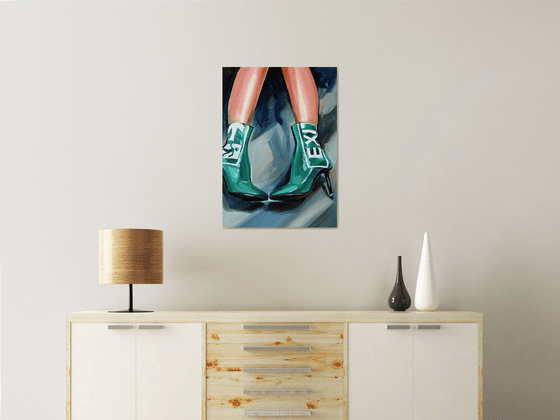 EXIT - oil painting on canvas original gift feminism green boots woman legs nude erotics original gift home decor pop art office interior