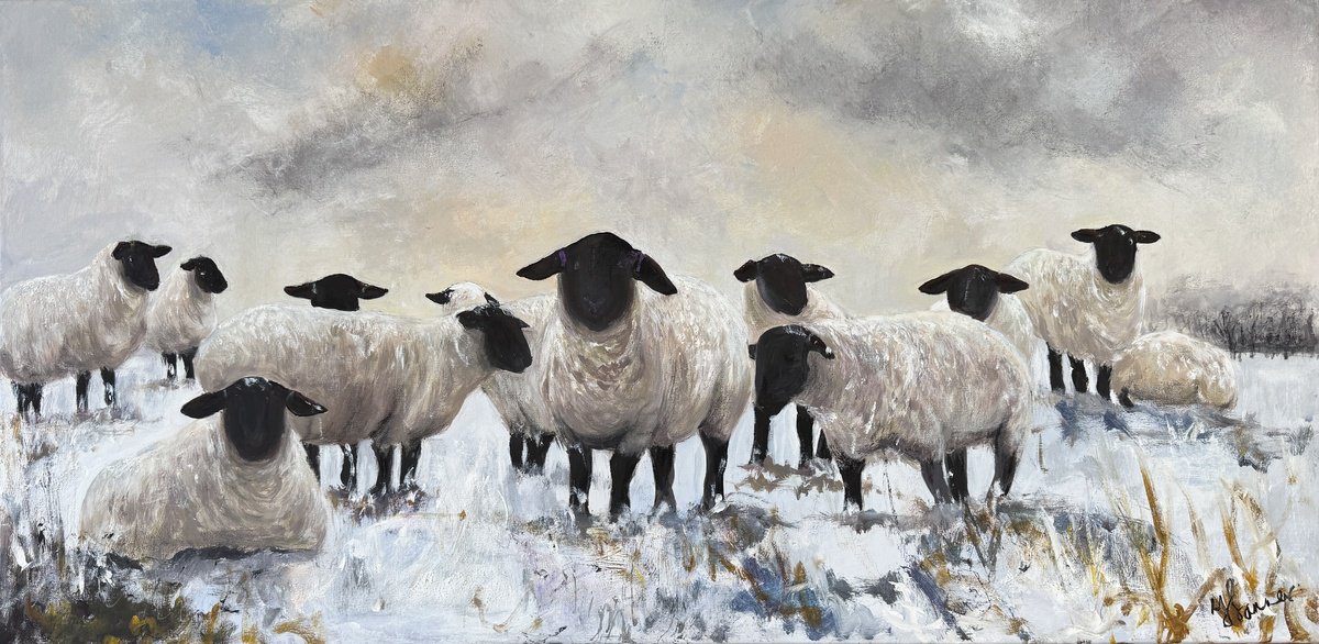 Impressionistic Animal Oil Painting By Teresa Tanner, 39 X 20", Black Face Sheep Winter, Original Artwork