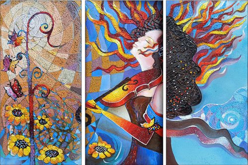 Passion music (90x60cm oil painting, 30x60cm, 30x60cm, 30x60cm) by Ruzanna Melqumian
