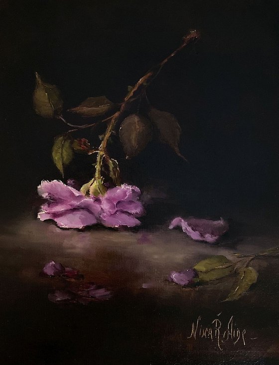 Mauve Rose Still Life Original Oil Painting Framed Floral Art Flowers Framed