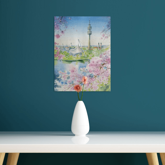 Spring Cherry blossom in Munich cityscape