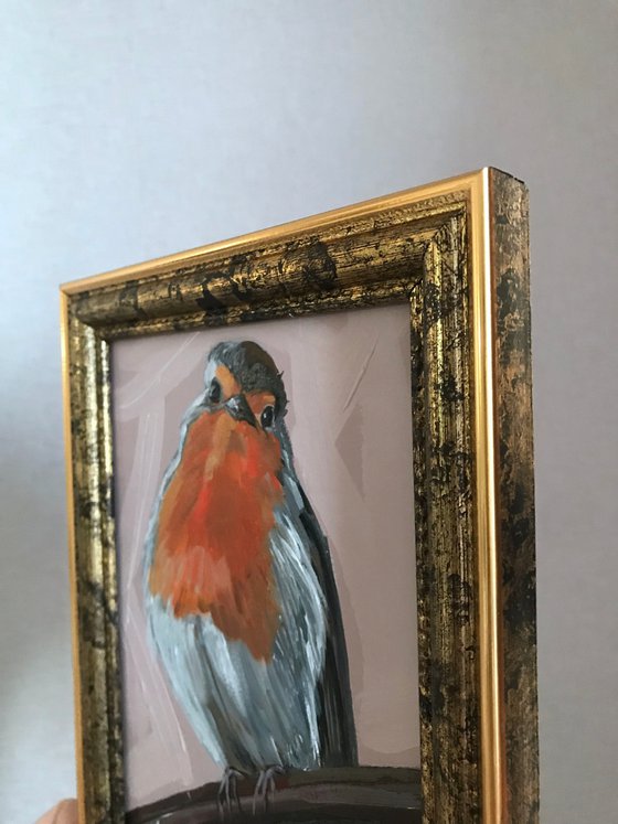 Robin bird Oil Painting framed 16x21cm