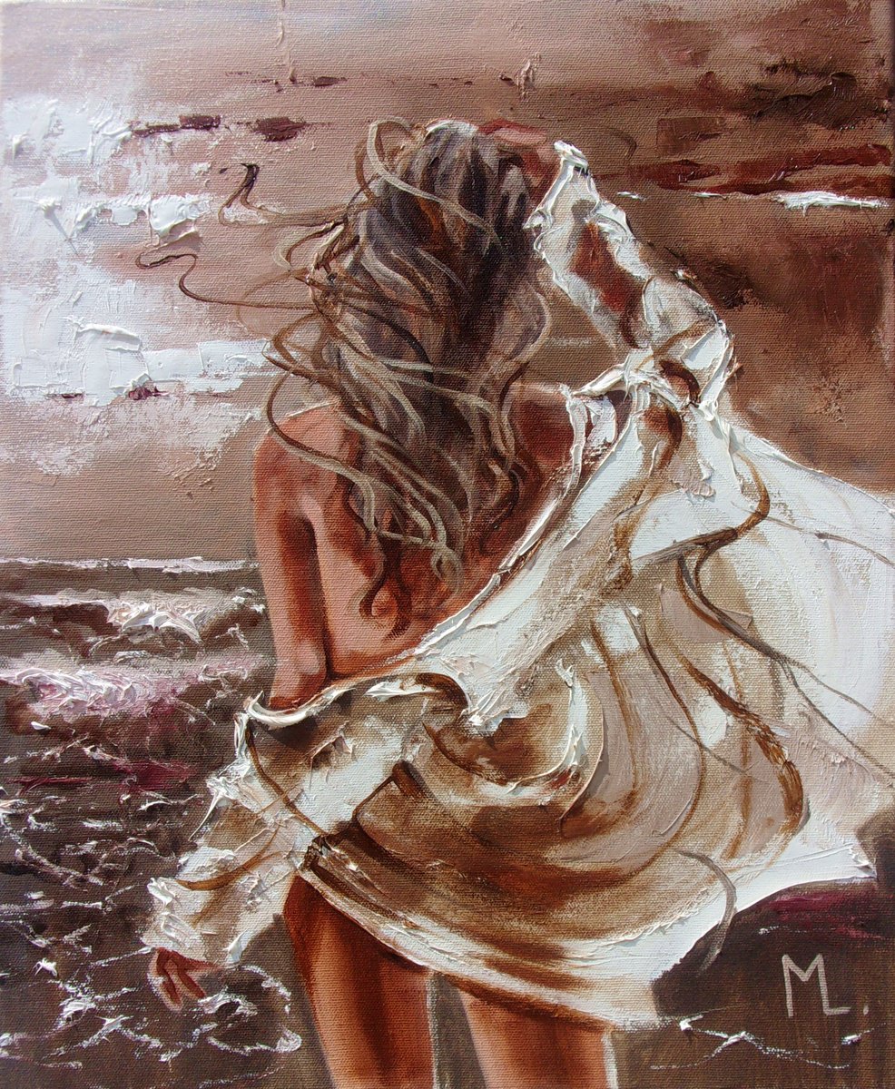 Expressive Portrait Oil Painting By Monika Luniak, 15 X 18", " After The Storm Beach ", Original Artwork