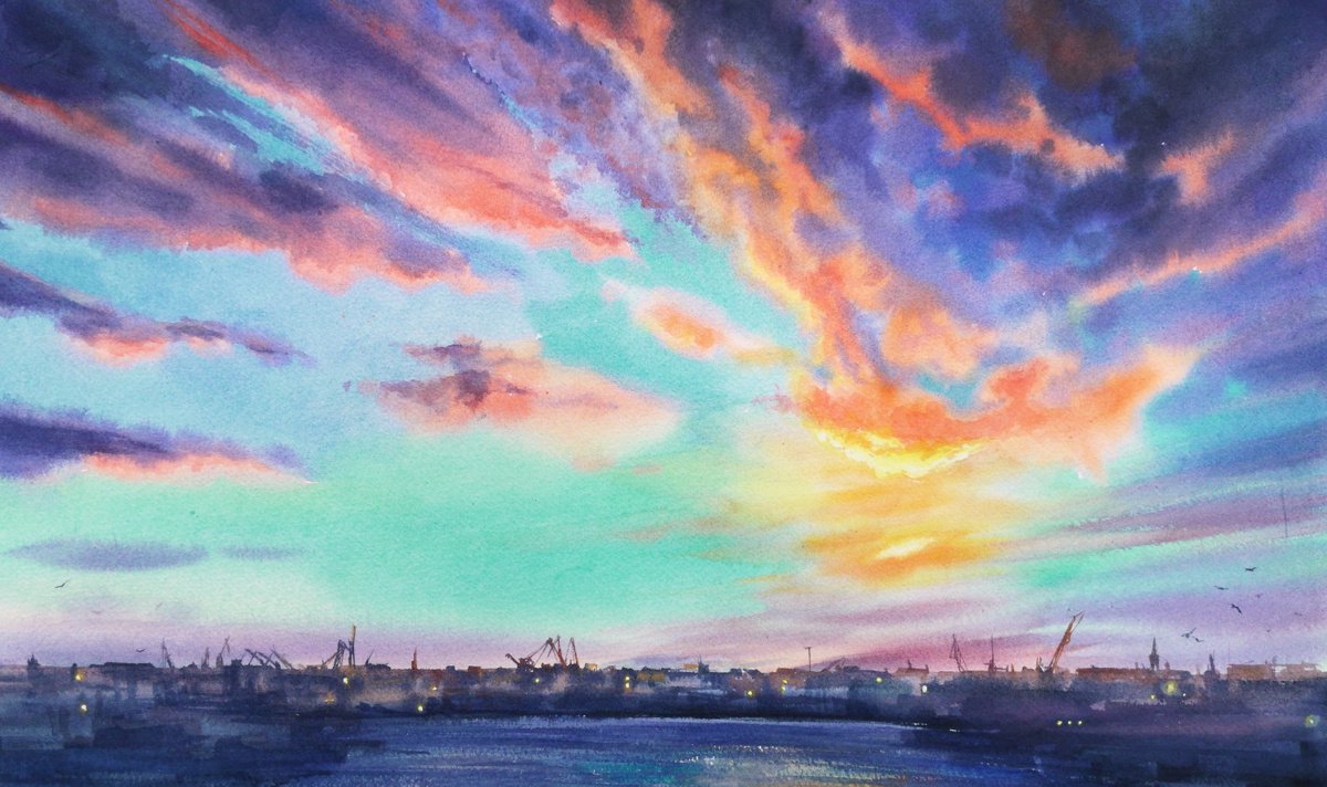 Sunset on the Shipyard - Dock Sunset - Industry Crane Shipyard Dockyard Port by Olga Beliaeva Watercolour