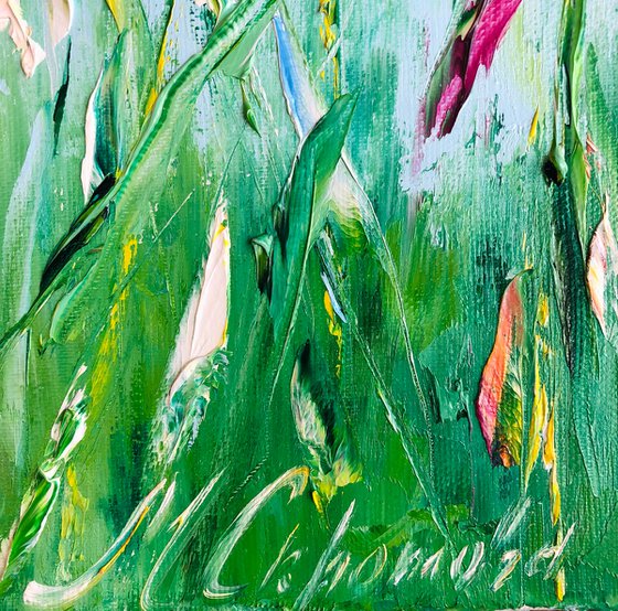 MORNING IRISES - Blooming irises. Red flowers. Summer landscape. Saturated colors. Fancy petals. Greenery. Beauty of nature. Palette knife.