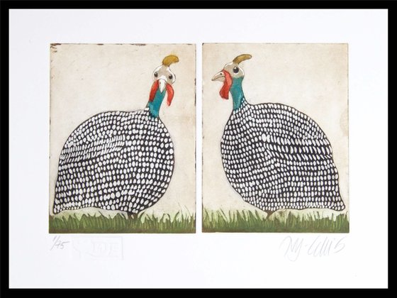 a pair of guineas, aquatint etching