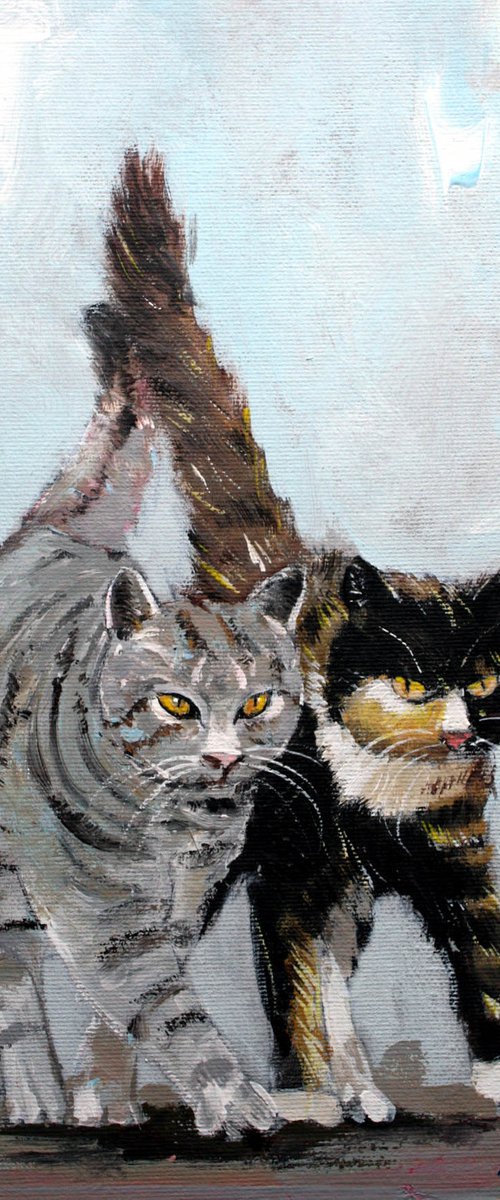 " SPECIAL PRICE,FRIENDS 06 ... " ORIGINAL PAINTING PALETTE KNIFE, GIFT,CATS, OIL ON CANVAS by mir-jan