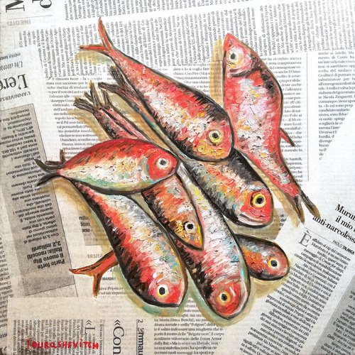 "Red Fishes on Newspaper" Original Oil on Canvas Board 12 by 12 inches (30x30 cm) by Katia Ricci