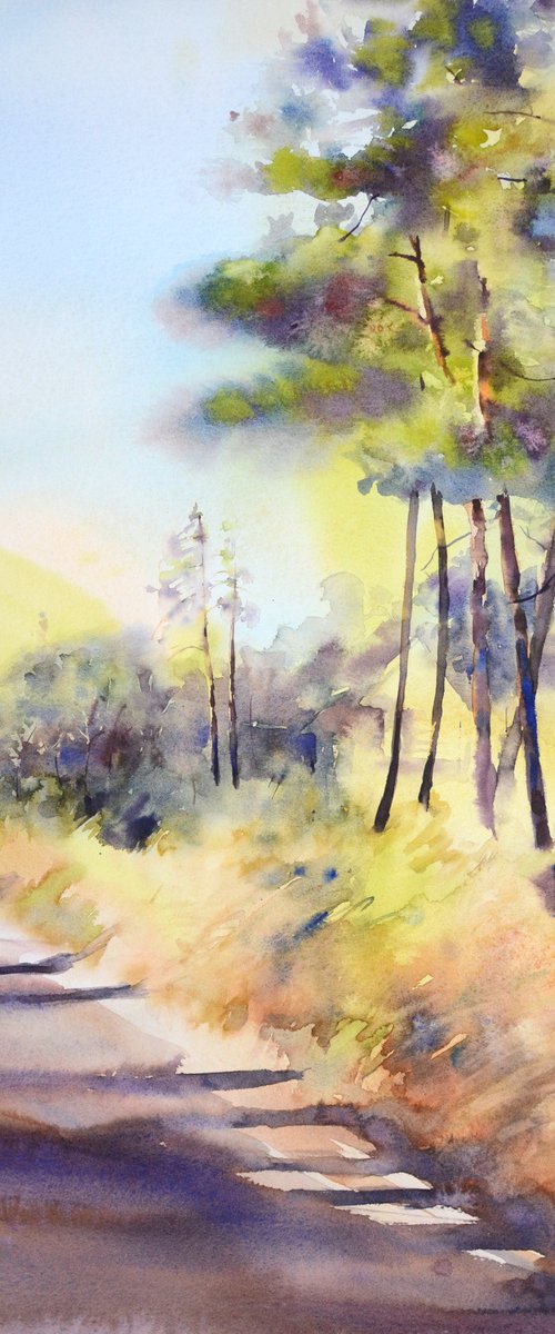 Pine forest in sunshine, watercolor pine trees by Yulia Evsyukova